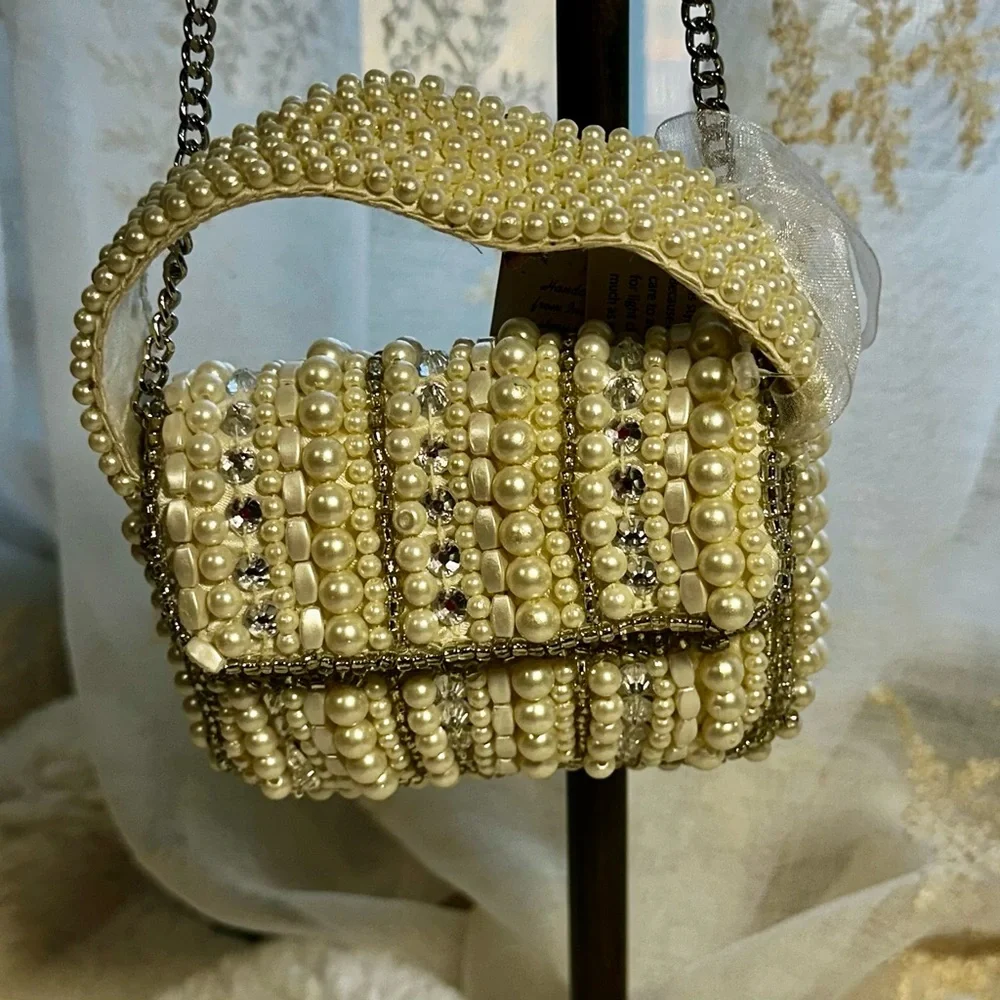 Made in India WHITE and silver beaded mini crossbody ba